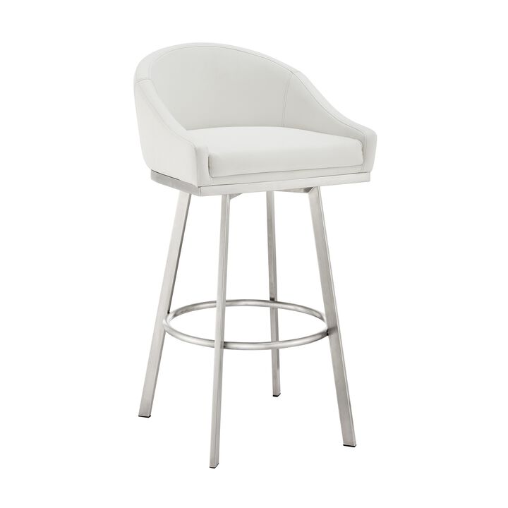 Dalza 26 Inch Swivel Counter Stool Chair, Cushioned, White Faux Leather - Benzara