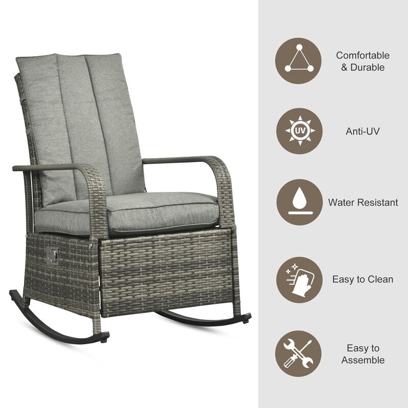 Grey Rattan Wicker Rocking Chair with Soft Cushion, Adjustable Footrest, Patio Recliner