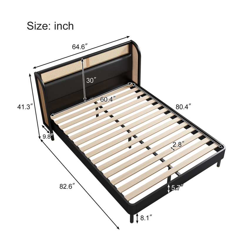 Modern Rattan Wood Platform Queen Bed