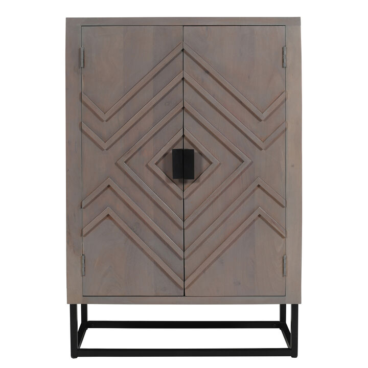 52 Inch Wine Bar Cabinet with Built in Stemware Rack, Bottle Holder in Gray Acacia Wood, Black Iron Metal