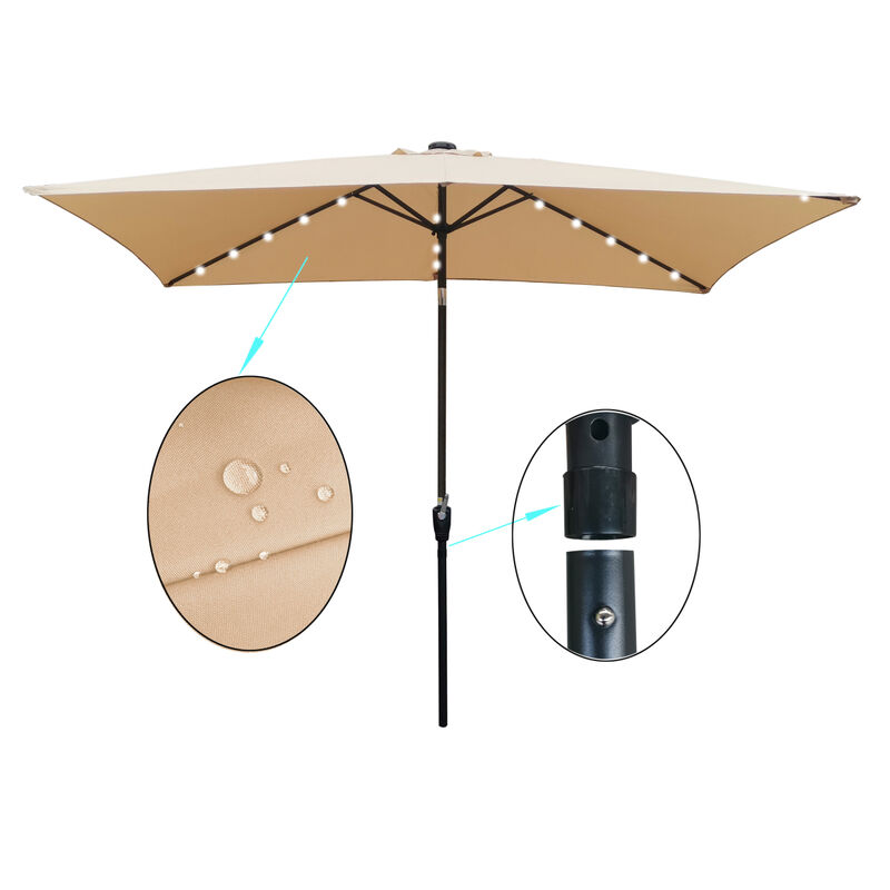 10 x 6.5t Rectangular Patio Solar LED Lighted Outdoor Market Umbrellas with Crank and Push Button Tilt for Garden Shade Swimming Pool