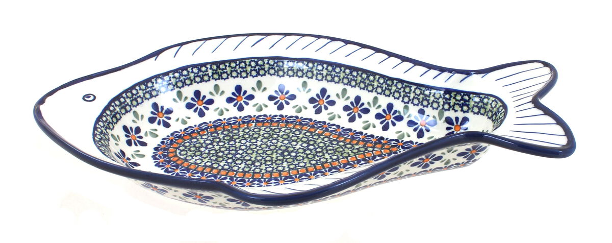 Blue Rose Polish Pottery Flowering Peacock Fish Serving Dish