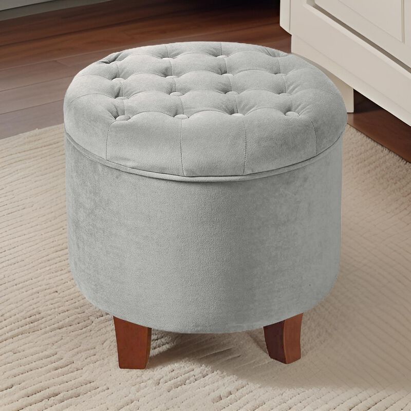 Button Tufted Velvet Upholstered Wooden Ottoman with Hidden Storage, Light Gray and Brown - Benzara