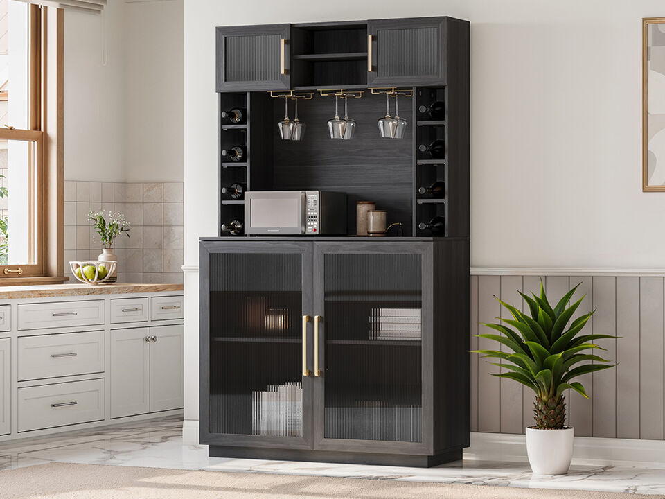 BELLEZE Coffee Wine Bar Cabinet with Power Outlet, 72" Rustic Liquor Cabinet, Tall Buffet Cabinet with Storage Kitchen Pantry Cupboard Wine& Glasses Rack Server with Hutch for Home Dining Room, Ebony