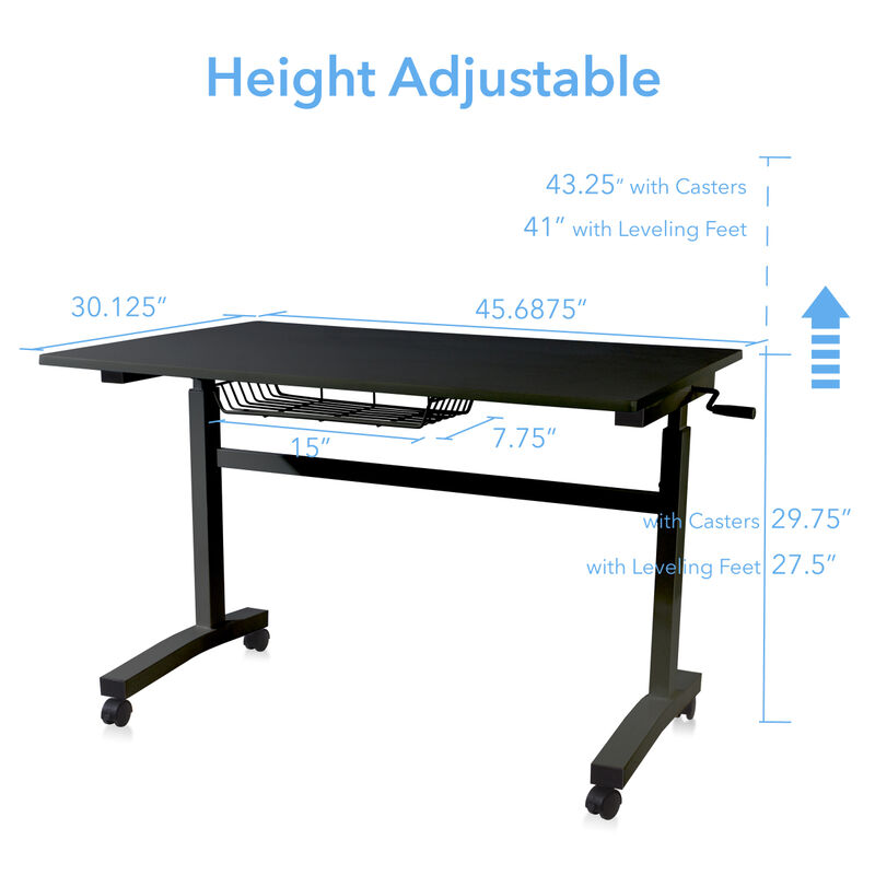 Atlantic Sit Stand Desk with Casters - Black (Height Adjustable) with side crank (switchable either side, left or right side crank)