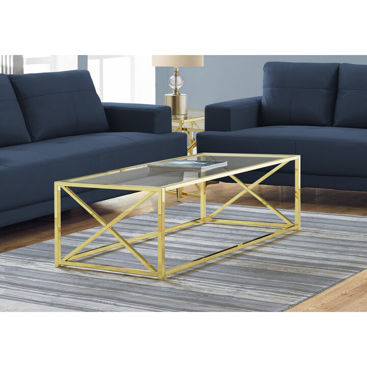 Monarch Specialties I 3444 Coffee Table, Accent, Cocktail, Rectangular, Living Room, 44"L, Metal, Tempered Glass, Gold, Contemporary, Modern