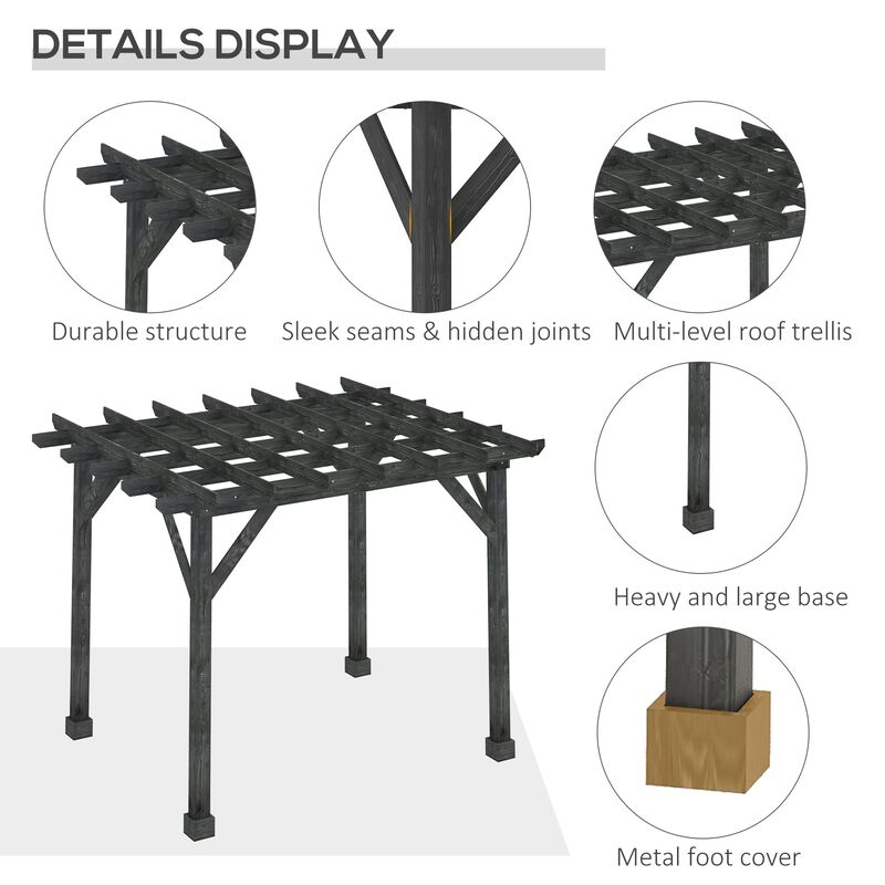 Black Outdoor Pavilion: 12'x10' Wood Pergola for Patio and Garden