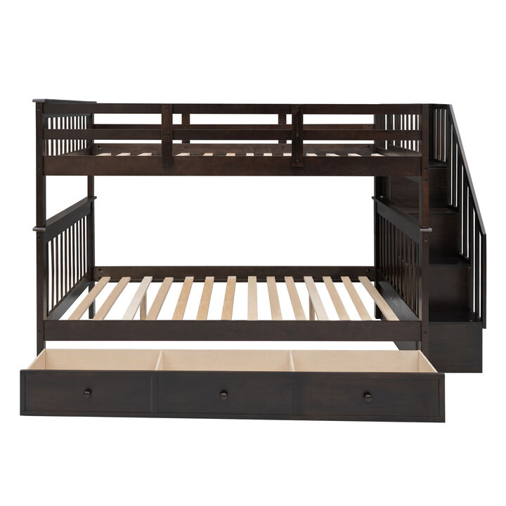 Stairway Full-Over-Full Bunk Bed With Drawer, Storage And Guard Rail For Bedroom