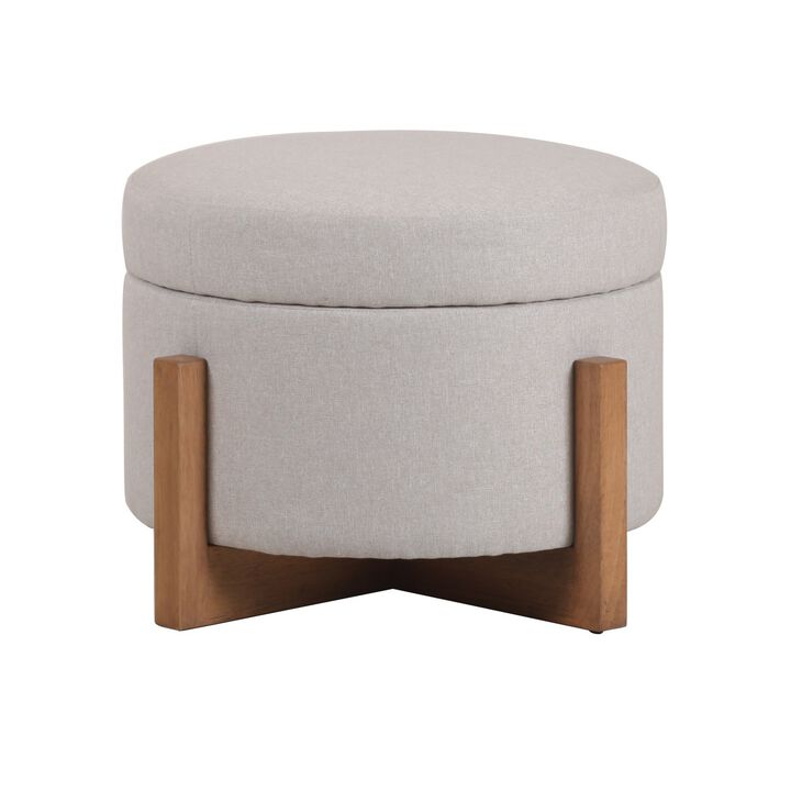 24 Inch Ottoman, Round Cushioned Storage Seat, Gray Polyester, Brown Wood - Benzara