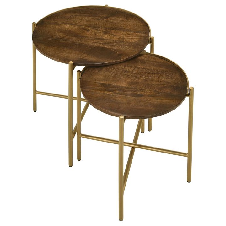 2 Piece Round Nesting Tables, Gold Iron, Modern Mango Wood, Warm Brown - Benzara