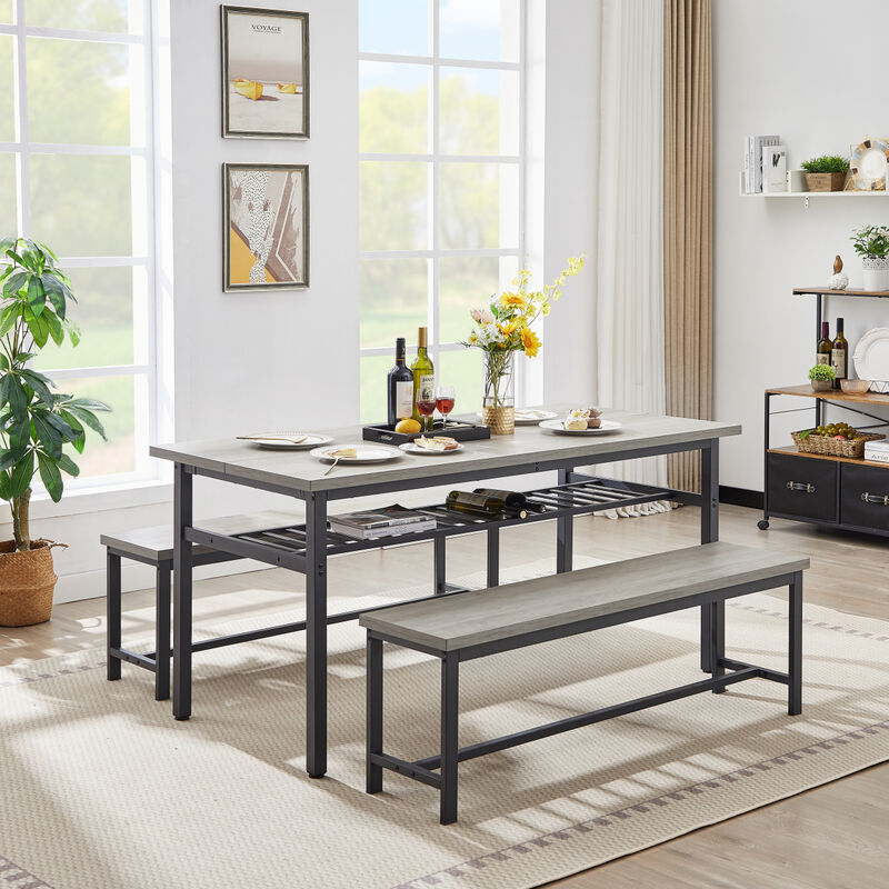 Oversized dining table set for 6, 3-Piece Kitchen Table with 2 Benches, Dining Room Table Set for Home Kitchen, Restaurant, Rustic Grey, 67" L x 31.5" W x 31.7" H