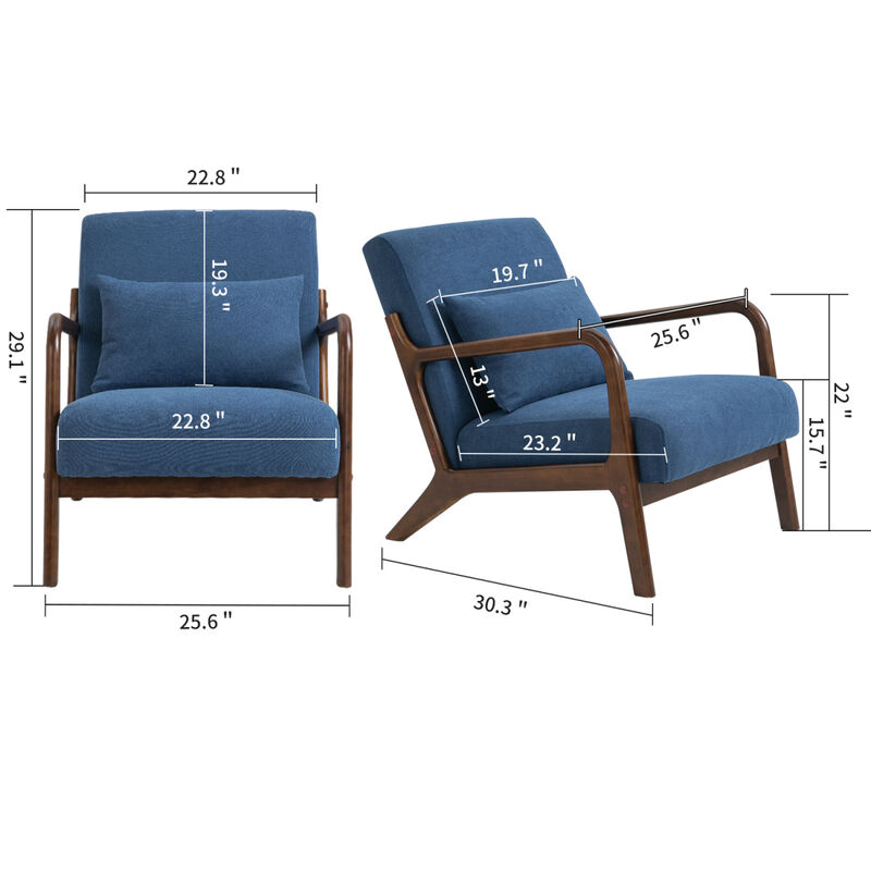 Mid Century Modern Accent Chair with Wood Frame, Upholstered Living Room Chairs with Waist Cushion, Reading Armchair for Bedroom Sunroom