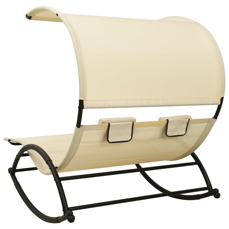 vidaXL Double Sun Lounger with Canopy - Cream Textilene Fabric - Steel Frame - Comfortable Outdoor Furniture with Pillows