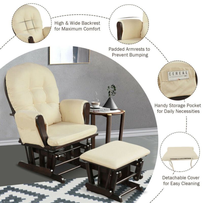 Wood Glider and Ottoman Set with Padded Armrests and Detachable Cushion