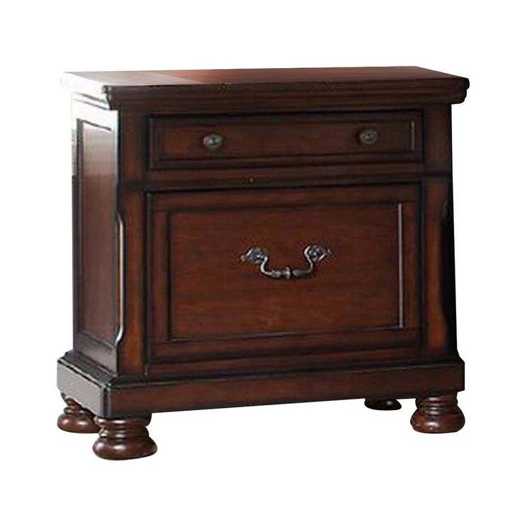 Two Drawers Wooden Nightstand with Bun Feet, Brown-Benzara