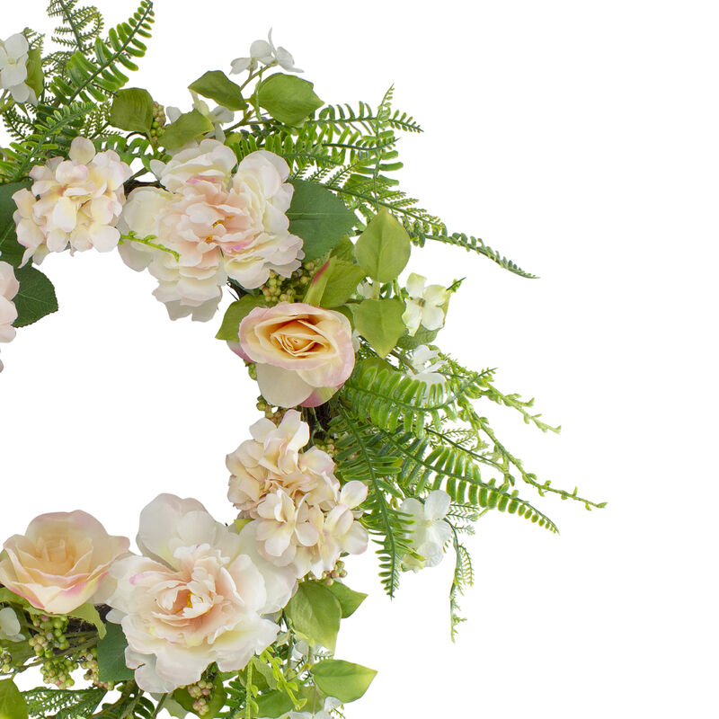 Rose and Peony Fern Artificial Floral Spring Wreath  Pink - 24-Inch