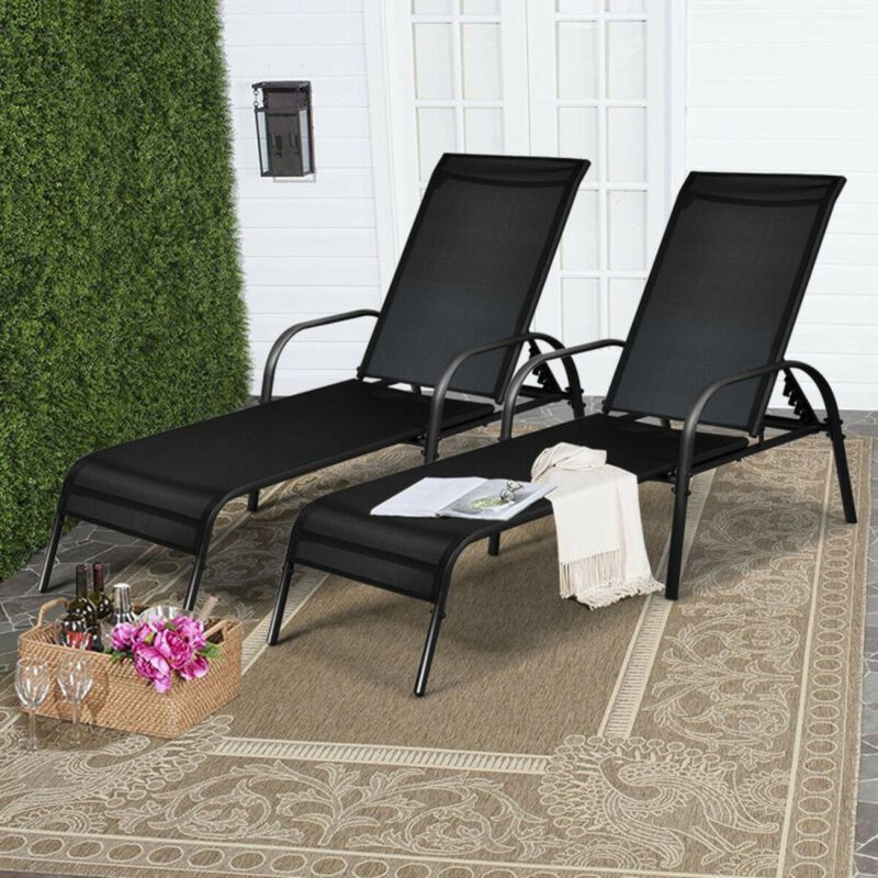 Outdoor Patio Lounge Chair Chaise Fabric with Adjustable Reclining Armrest Set of 2