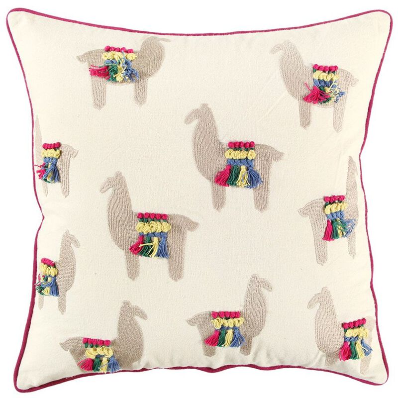 Homezia Ivory Fiesta Fun Embroidered Llamas Throw Pillow