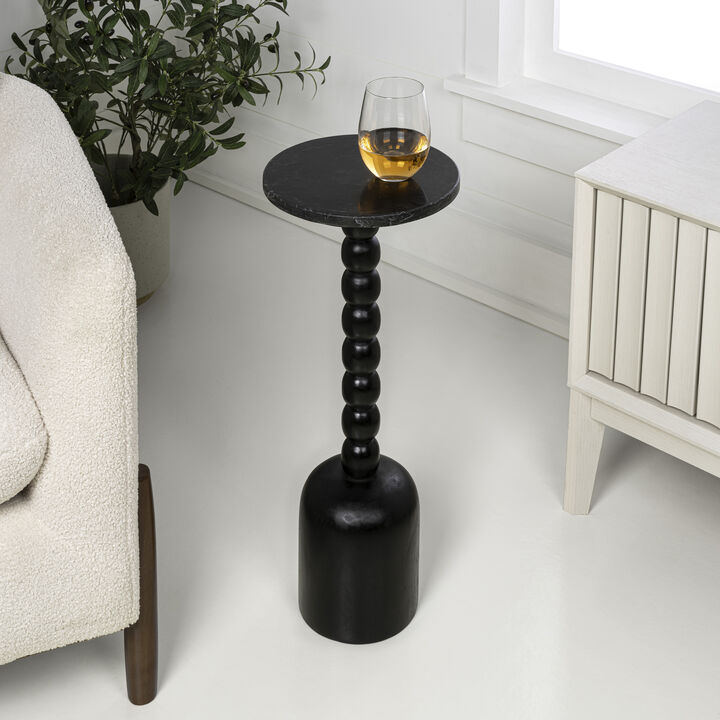 Turner 24.5" Designer Cottage Spindle Wood Column Drink Table and Decorative End Table with White/Beige Marble Round Top
