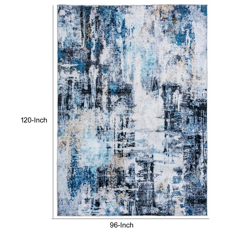 Rue 10 x 8 Large Soft Fabric Floor Area Rug, Washable, Abstract Blue and White Design - Benzara
