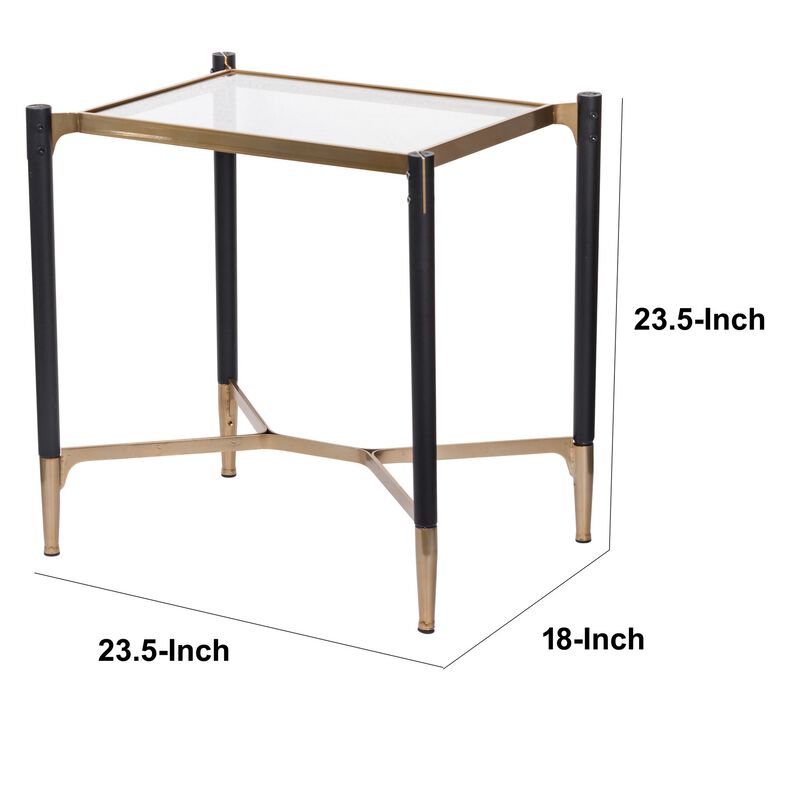 24 Inch Accent Side Table, Iron Frame, Glass Top, Modern, Gold, Black - Benzara