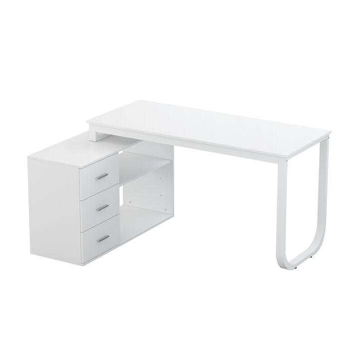 55.1 in. L-Shaped White Wood Writing Desk Corner Gaming Desk With 2-Tier Shelves and 3-Drawers Home Office Use