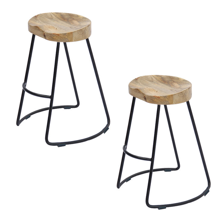 Ela 30 Inch Mango Wood Industrial Barstool, Saddle Seat, Iron Frame, Set of 2, Brown, Black-Benzara