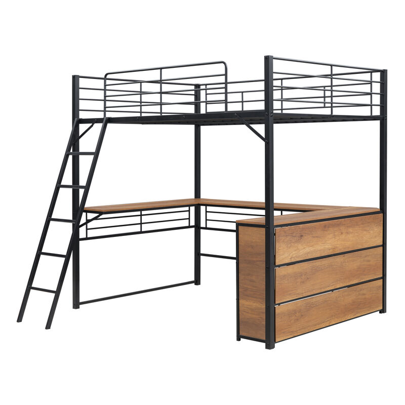 Full Size Metal Loft Bed With 3 Layers Of Shelves And L-Shaped Desk