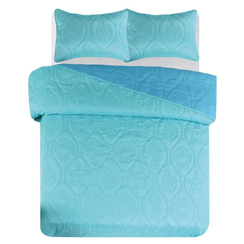 Legacy Decor 3 PCS Shell & Seahorse Stitched Pinsonic Reversible Lightweight All Season Bedspread Quilt Coverlet Oversize, Turquoise Color, Queen Size