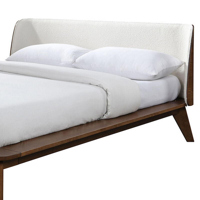 Linzy Queen Bed, Beige Boucle Upholstered Winged Edge, Brown Solid Wood