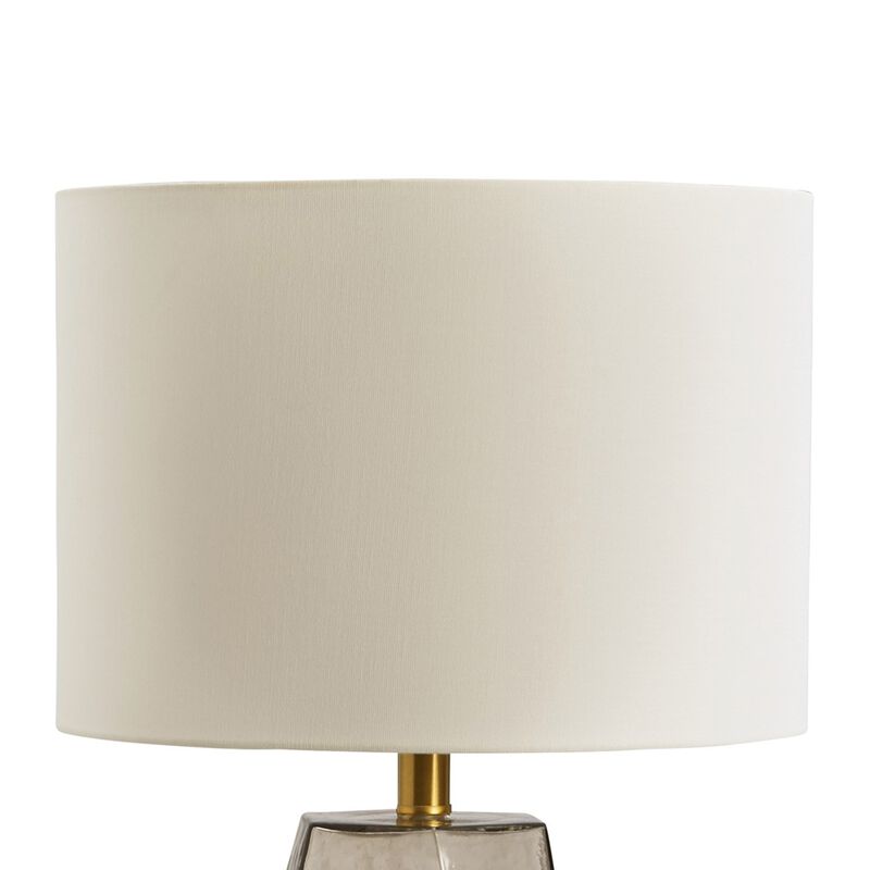 24 Inch Table Lamp, Hexagonal Textured Glass Base, Drum Shade, Gray - Benzara