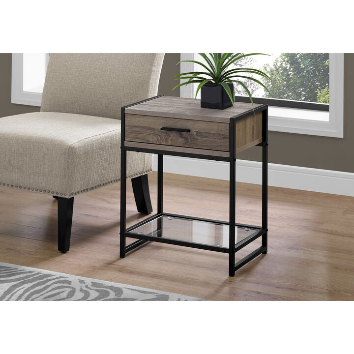 Monarch Specialties I 3501 Accent Table, Side, End, Nightstand, Lamp, Storage Drawer, Living Room, Bedroom, Metal, Laminate, Tempered Glass, Brown, Black, Contemporary, Modern