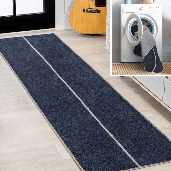 Linja Solid Centre Stripe Machine Washable Area Rug