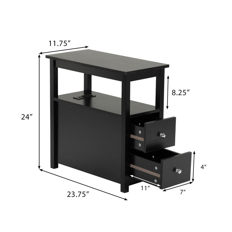 End Table With Charging Station, Narrow Sofa Side Table, Wooden Nightstand, Bedroom, Black