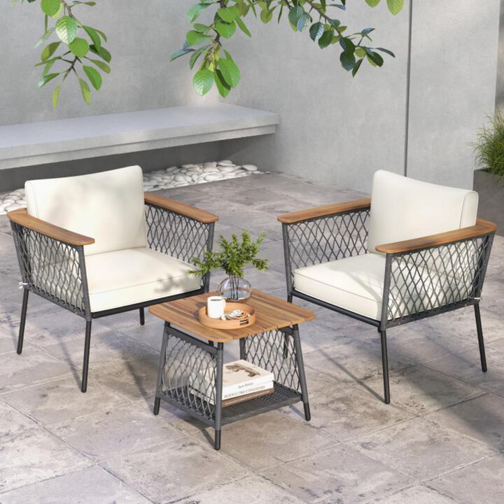 Hivvago 3 Piece Patio Furniture Set Rattan Chair Set with 2-Tier Coffee Table