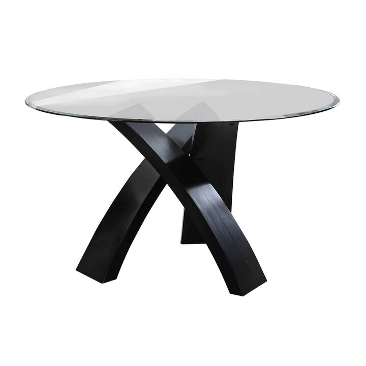 Round Glass Top Dining Table with Criss Cross Tripod Base, Black