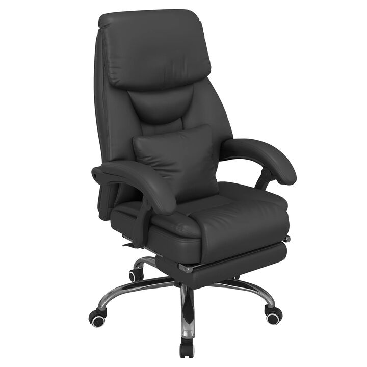 Black PU Leather Executive Office Chair: Elegant Kneading Massage Office Chair with Reclining High Back, Lumbar Cushion, and Footrest