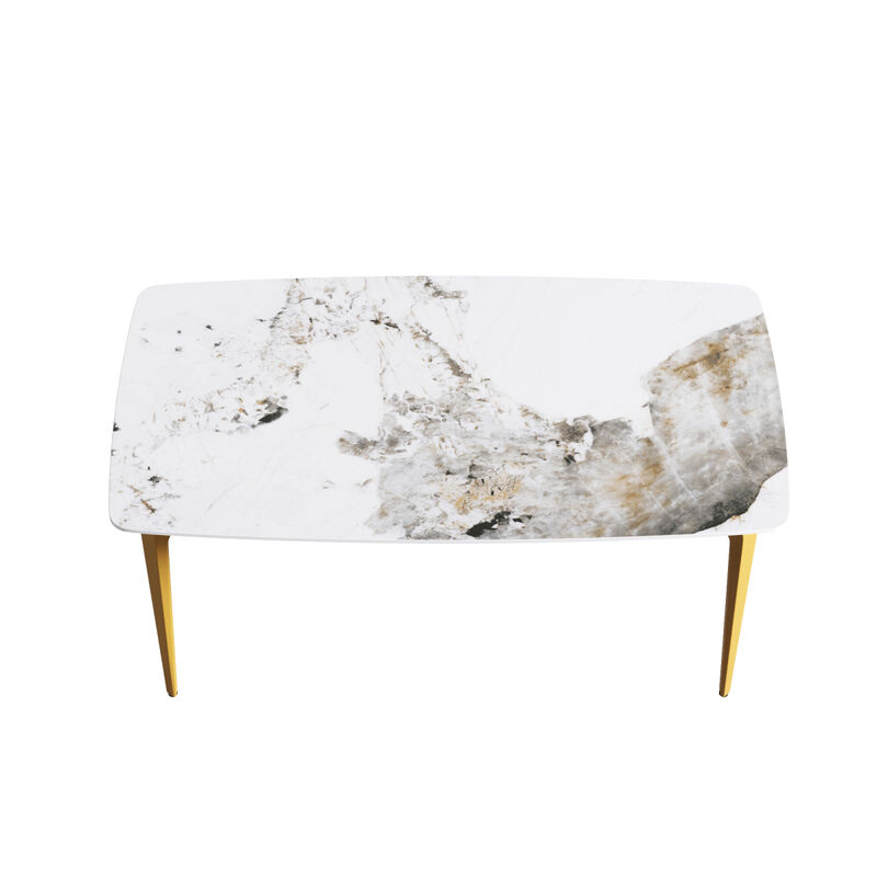 63" Modern artificial stone Pandora white curved golden metal leg dining table -6 people