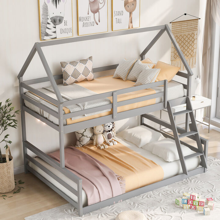 Twin Over Full House Bunk Bed with Built-in Ladder