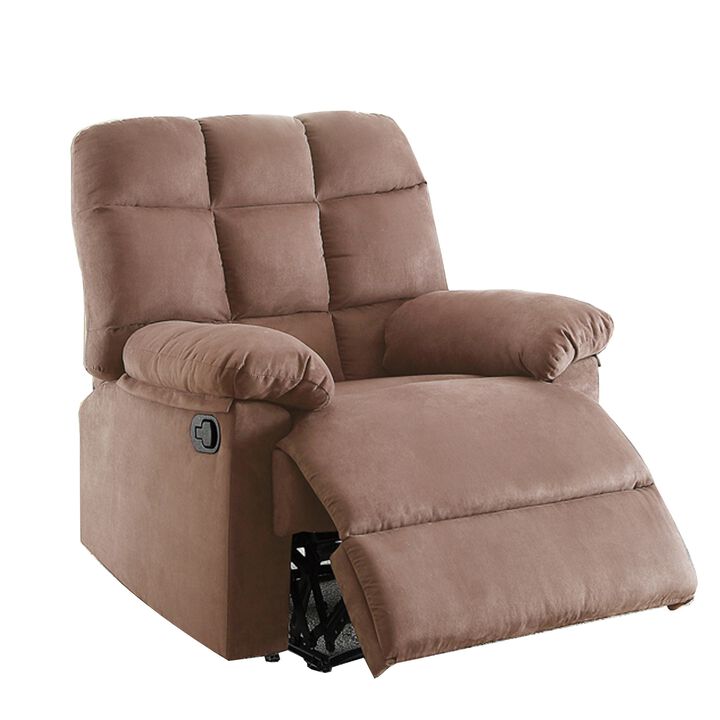 Plush Cushioned Recliner With Tufted Back And Roll Arms In Saddle Brown-Benzara