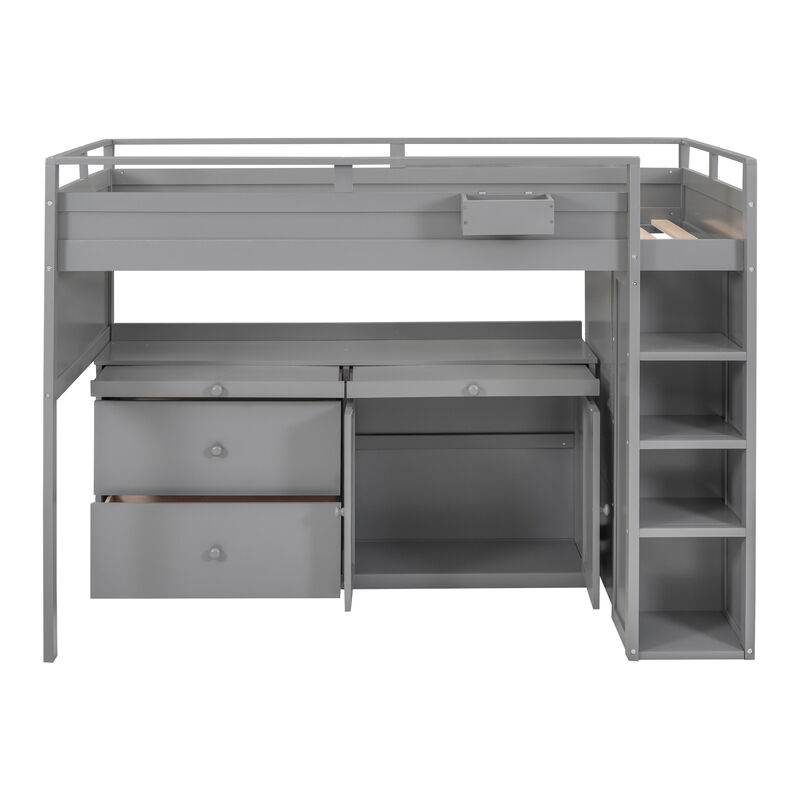 Loft Bed with Rolling Cabinet and Desk - Gray