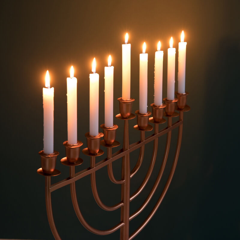 Modern Solid Metal Judaica Hanukkah Menorah 9 Branched Candelabra, Copper Finish Large