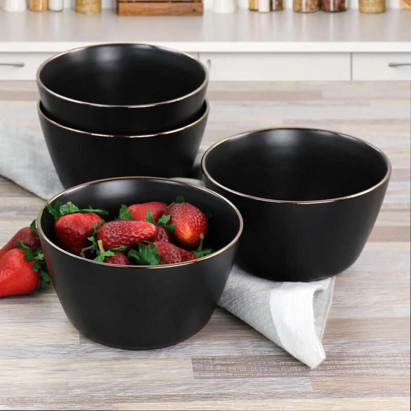 Elama Paul 6 Piece Stoneware Bowl Set in Matte Black with Gold Rim