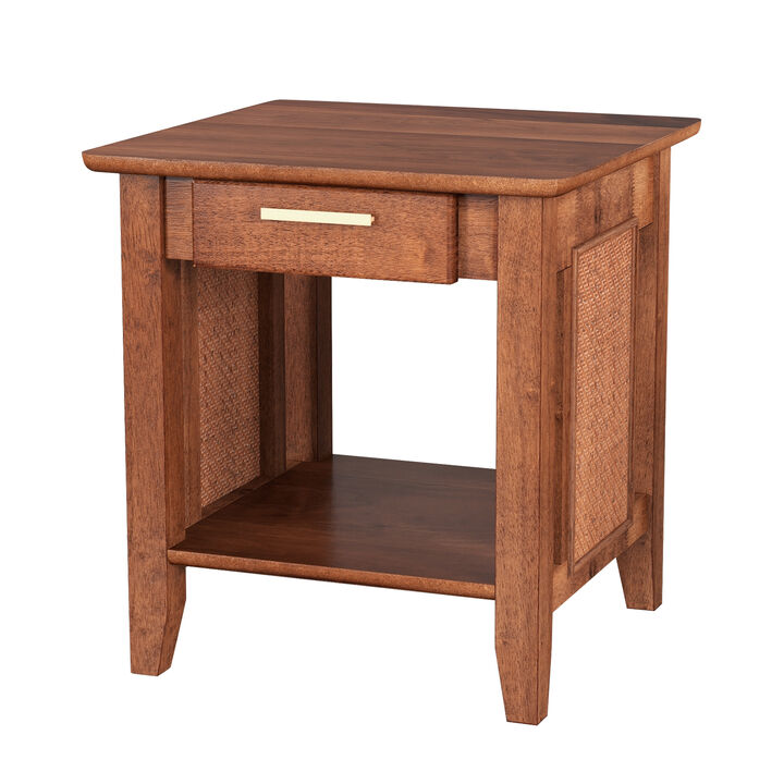 Rattan Nightstand End Table with Drawer and Storage Shelf-Walnut