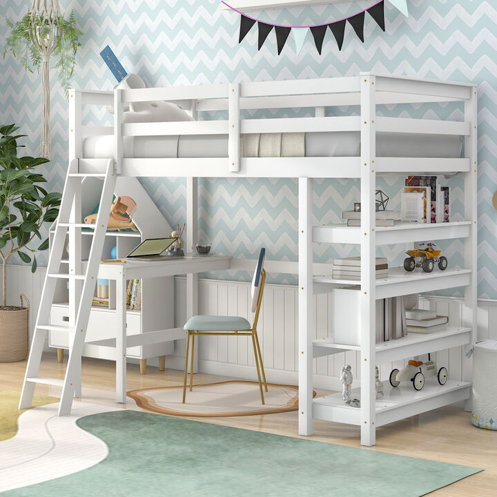 Twin Loft Bed with desk,ladder,shelves, White