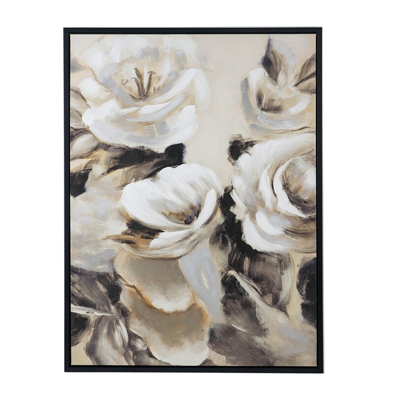 35 x 47 Framed Wall Art, Flower Print, Modern Style, Beige, Black, White - Benzara