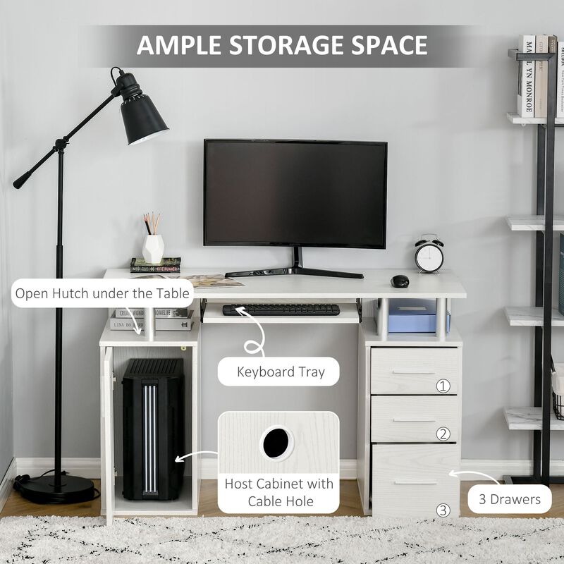 White Home Office: 47" Computer Desk with Keyboard Tray and Storage