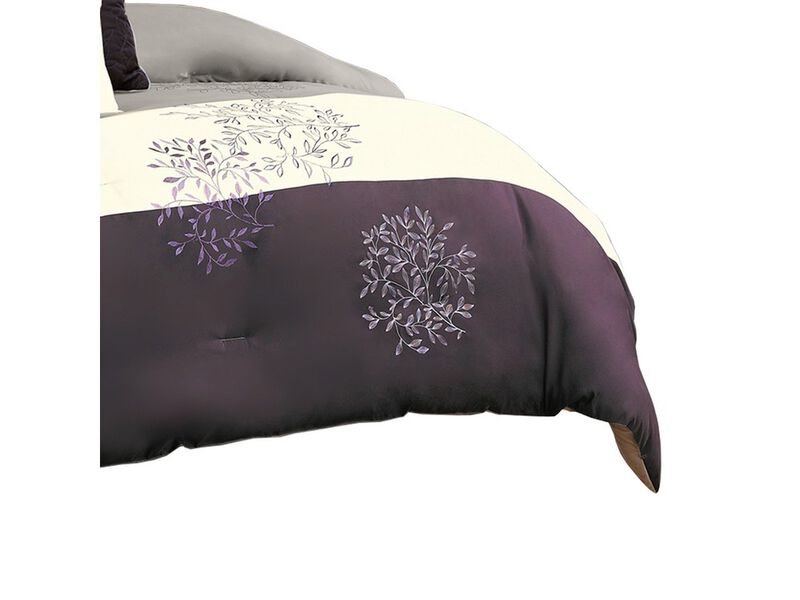 7 Piece Queen Polyester Comforter Set with Leaf Embroidery, Gray and Purple - Benzara