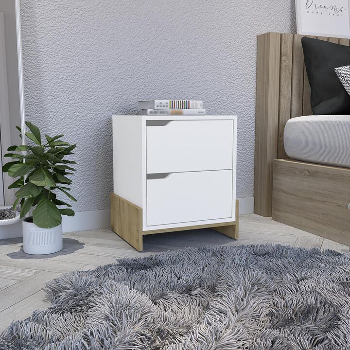 Haines Nightstand with 2-Drawers, End Table with Sturdy Base, White / Macadamia