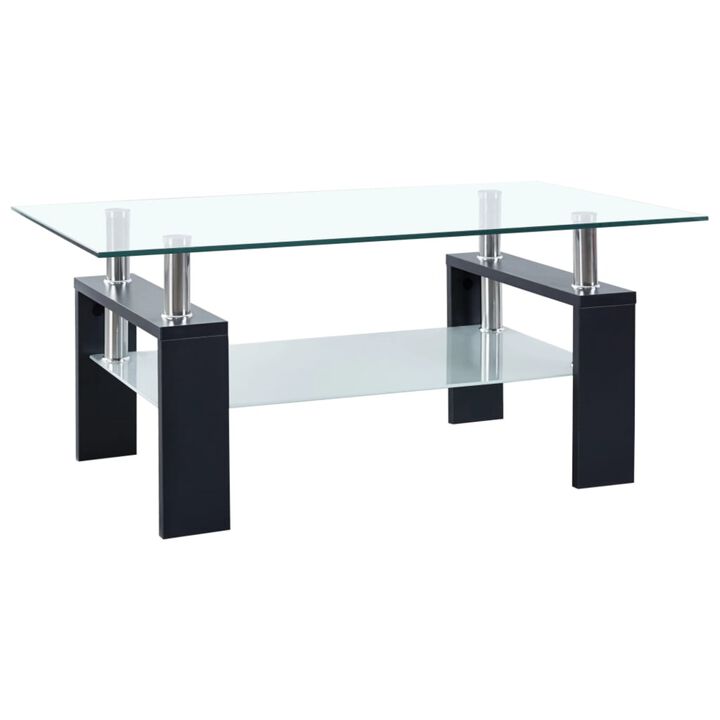 vidaXL Tempered Glass Coffee Table with Melamine Legs, Modern 2-Tier Design, Easy to Clean, Black and Transparent, 37.4"x21.7"x15.7"